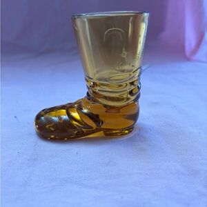 Vin amber glass boot toothpick holder. Star featured on bottom.